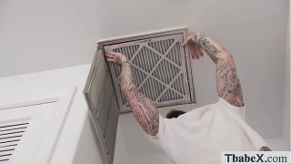 Lucky cleaner bareback fucks two horny shemales